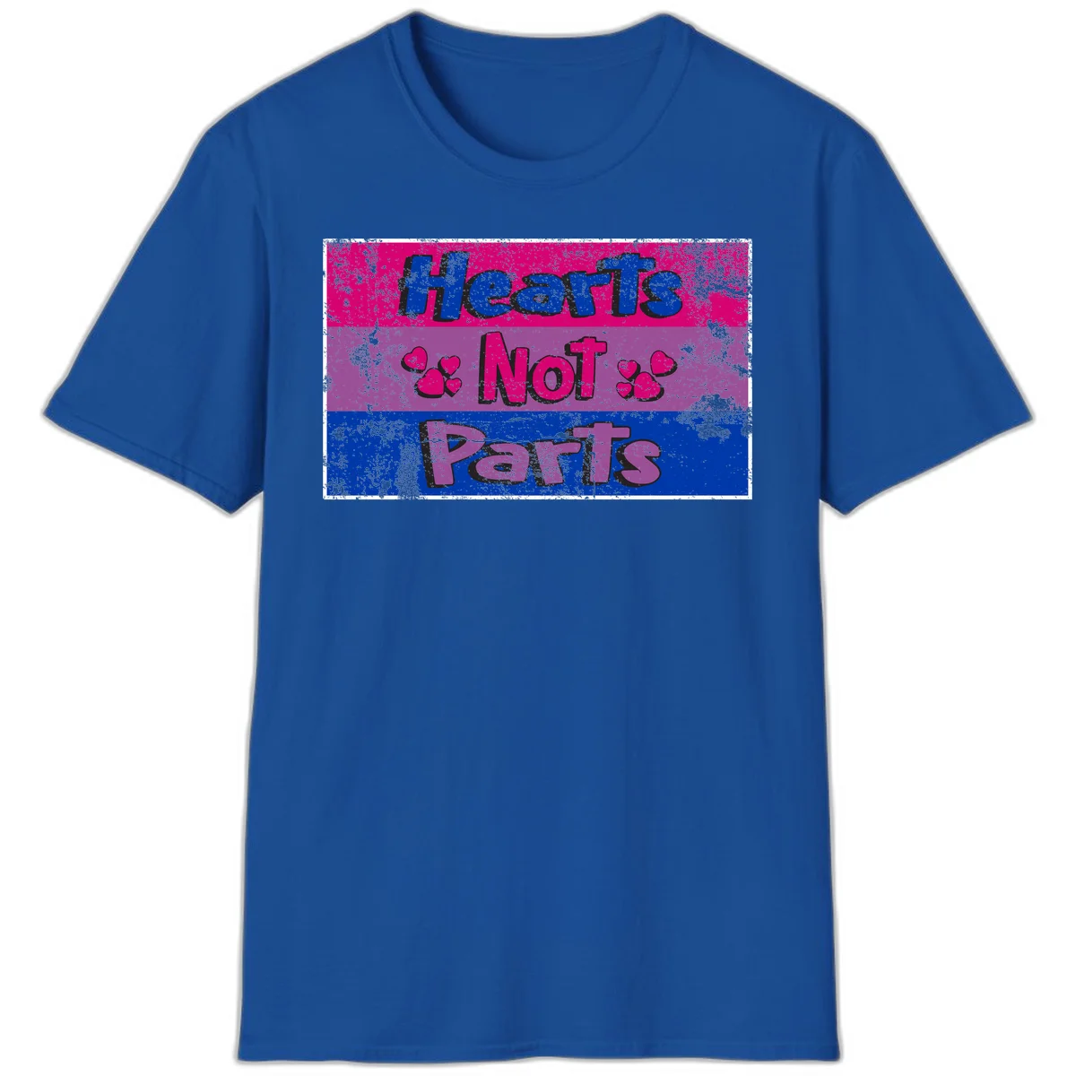 Distressed colorblock design with blue, magenta, and purple stripes featuring 'Hearts NOT Parts' text with heart icons, pride message artwork in Royal