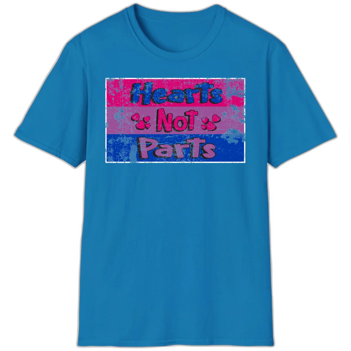 Distressed colorblock design with blue, magenta, and purple stripes featuring 'Hearts NOT Parts' text with heart icons, pride message artwork in Sapphire