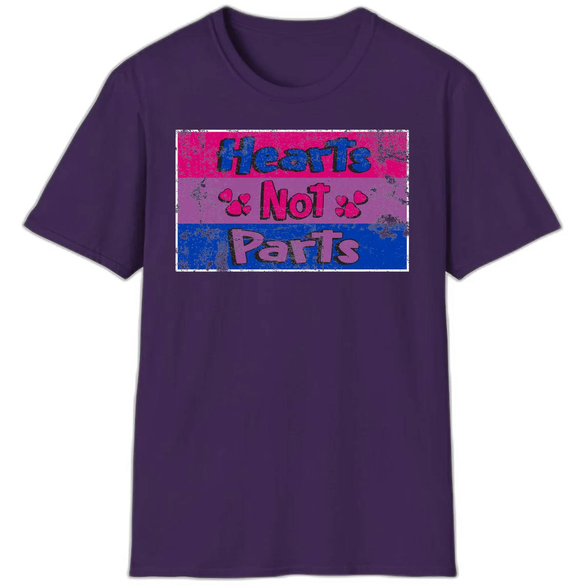 Distressed colorblock design with blue, magenta, and purple stripes featuring 'Hearts NOT Parts' text with heart icons, pride message artwork in Purple