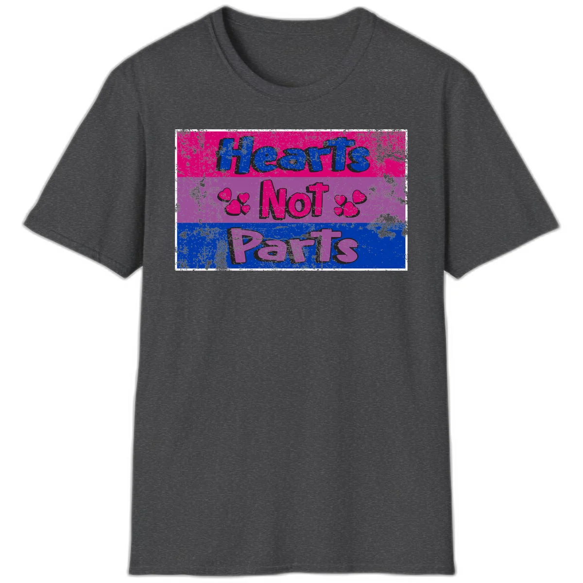 Distressed colorblock design with blue, magenta, and purple stripes featuring 'Hearts NOT Parts' text with heart icons, pride message artwork in Dark Heather