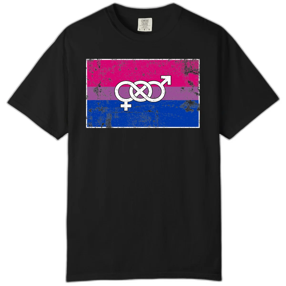 Bisexual infinity pride flag design with magenta, purple, and blue stripes, white infinity symbol, and gender symbols in distressed style in Black