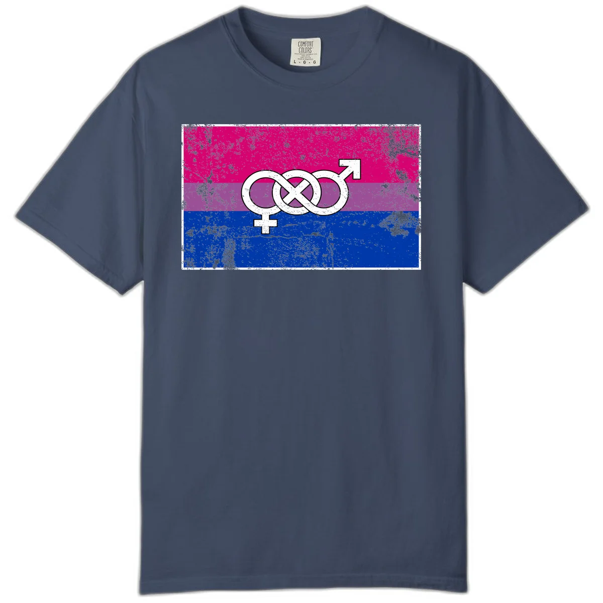 Bisexual infinity pride flag design with magenta, purple, and blue stripes, white infinity symbol, and gender symbols in distressed style in Midnight