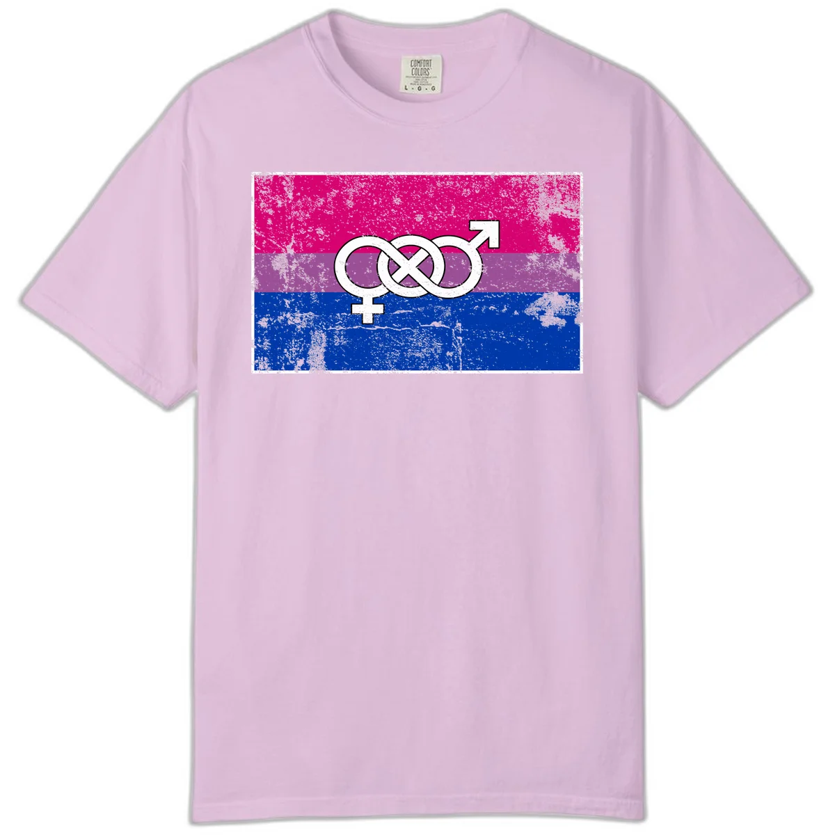 Bisexual infinity pride flag design with magenta, purple, and blue stripes, white infinity symbol, and gender symbols in distressed style in Orchid