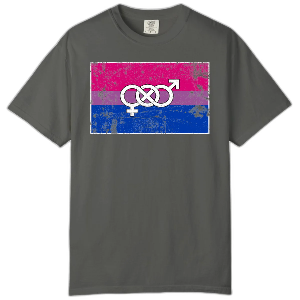 Bisexual infinity pride flag design with magenta, purple, and blue stripes, white infinity symbol, and gender symbols in distressed style in Pepper