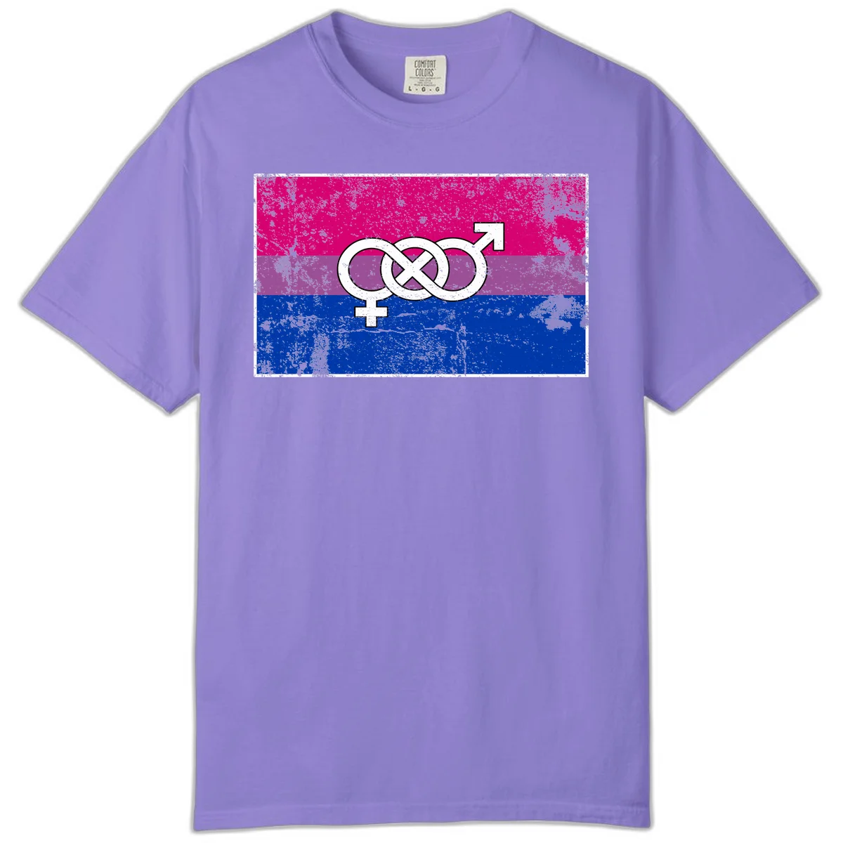 Bisexual infinity pride flag design with magenta, purple, and blue stripes, white infinity symbol, and gender symbols in distressed style in Violet