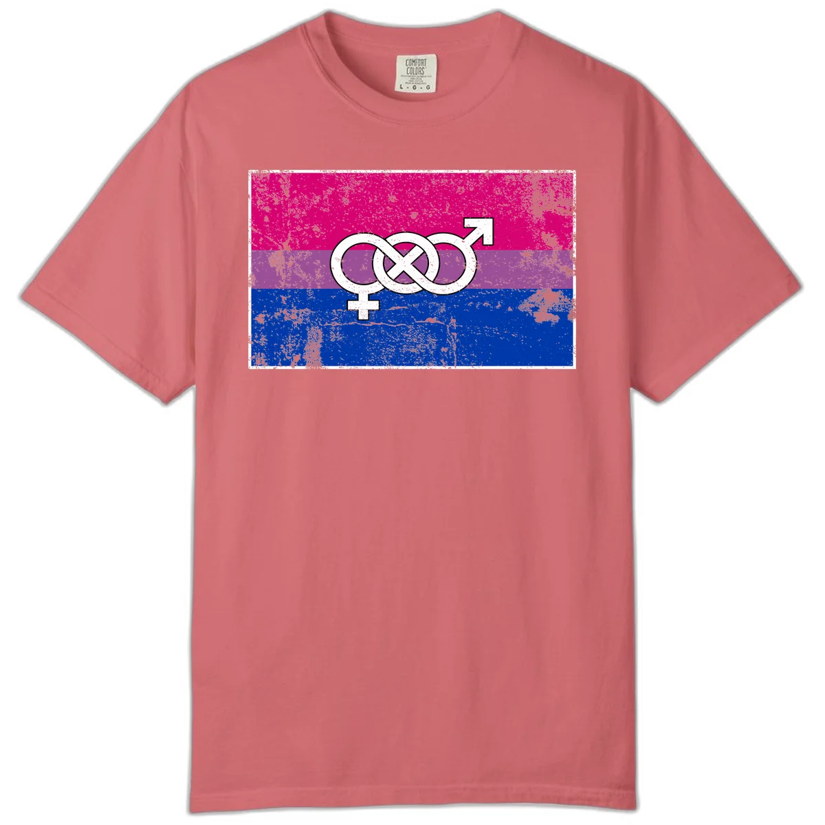 Bisexual infinity pride flag design with magenta, purple, and blue stripes, white infinity symbol, and gender symbols in distressed style in Watermelon