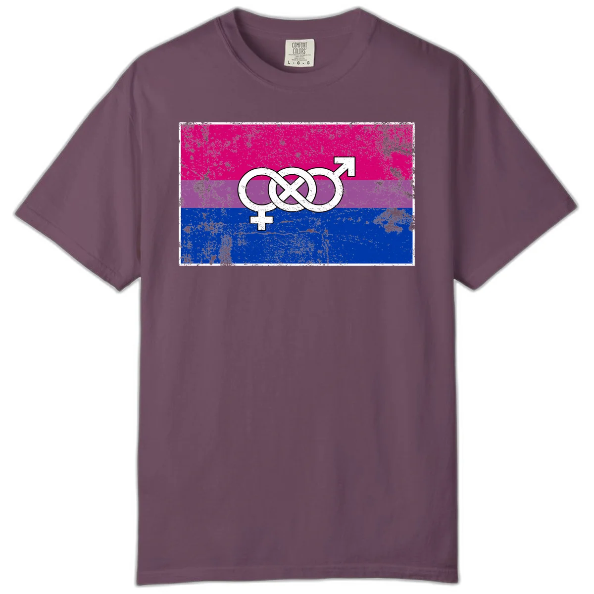 Bisexual infinity pride flag design with magenta, purple, and blue stripes, white infinity symbol, and gender symbols in distressed style in Berry
