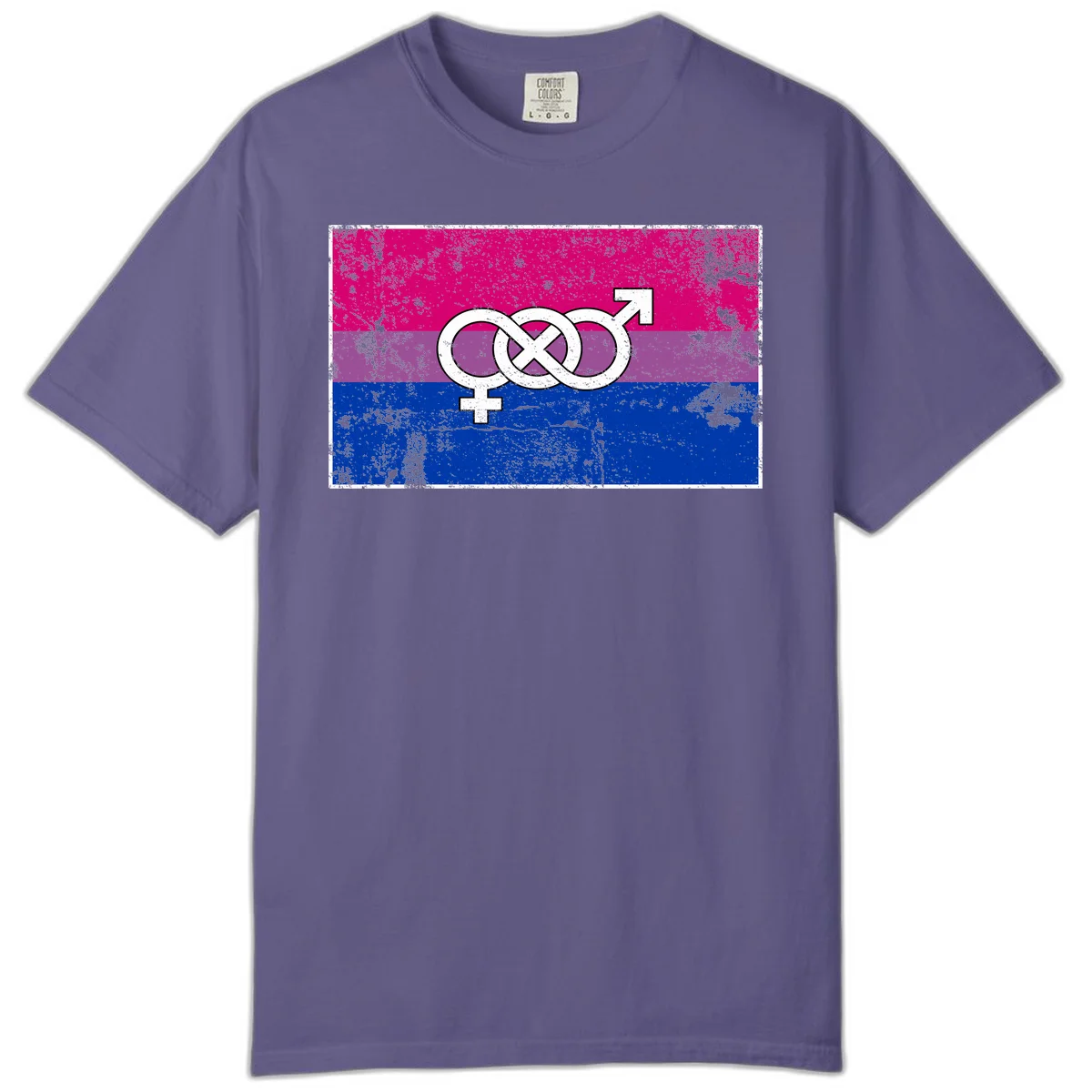 Bisexual infinity pride flag design with magenta, purple, and blue stripes, white infinity symbol, and gender symbols in distressed style in Grape
