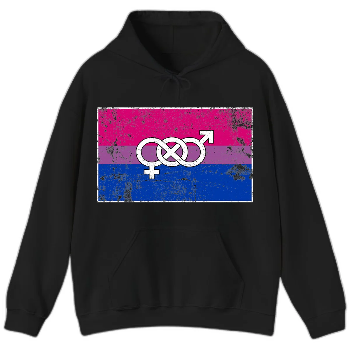 Bisexual infinity pride flag design with magenta, purple, and blue stripes, white infinity symbol, and gender symbols in distressed style in Black