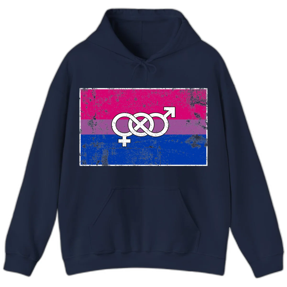 Bisexual infinity pride flag design with magenta, purple, and blue stripes, white infinity symbol, and gender symbols in distressed style in Navy