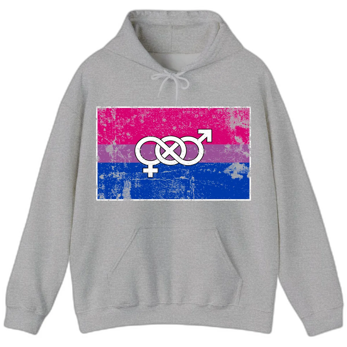 Bisexual infinity pride flag design with magenta, purple, and blue stripes, white infinity symbol, and gender symbols in distressed style in Sport Grey