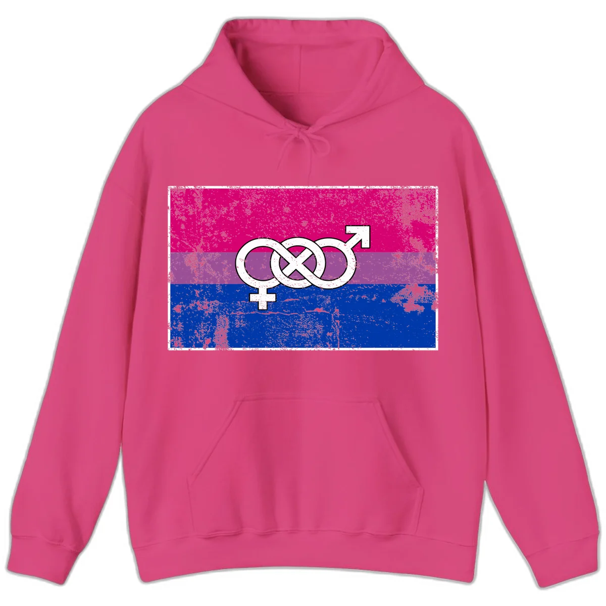 Bisexual infinity pride flag design with magenta, purple, and blue stripes, white infinity symbol, and gender symbols in distressed style in Heliconia