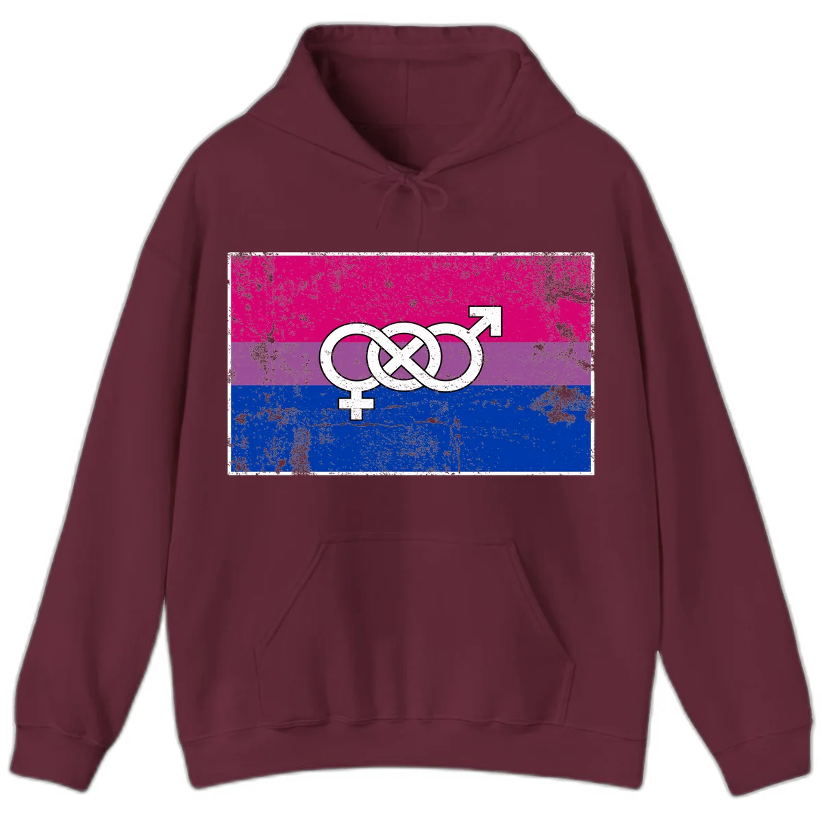 Bisexual infinity pride flag design with magenta, purple, and blue stripes, white infinity symbol, and gender symbols in distressed style in Maroon