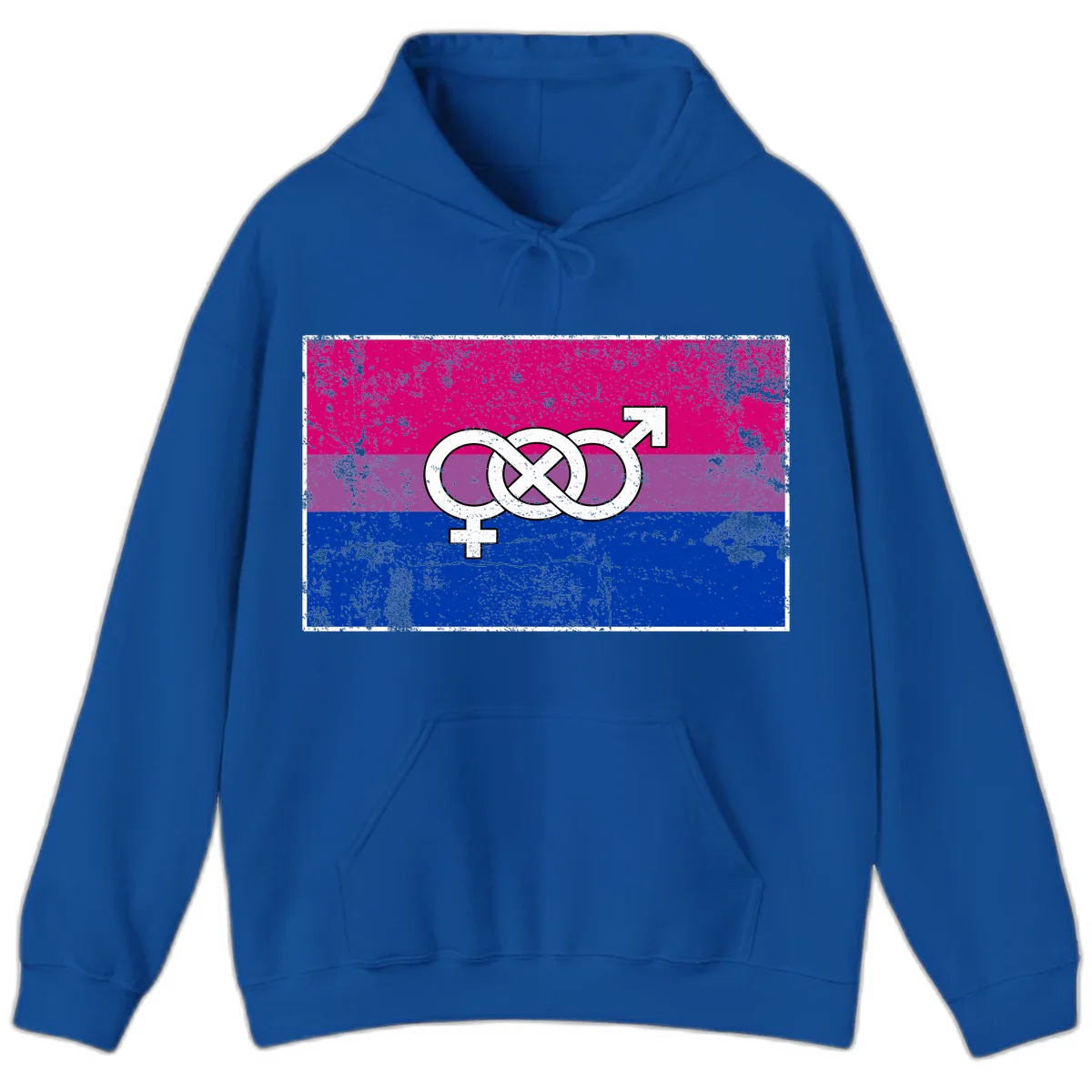 Bisexual infinity pride flag design with magenta, purple, and blue stripes, white infinity symbol, and gender symbols in distressed style in Royal
