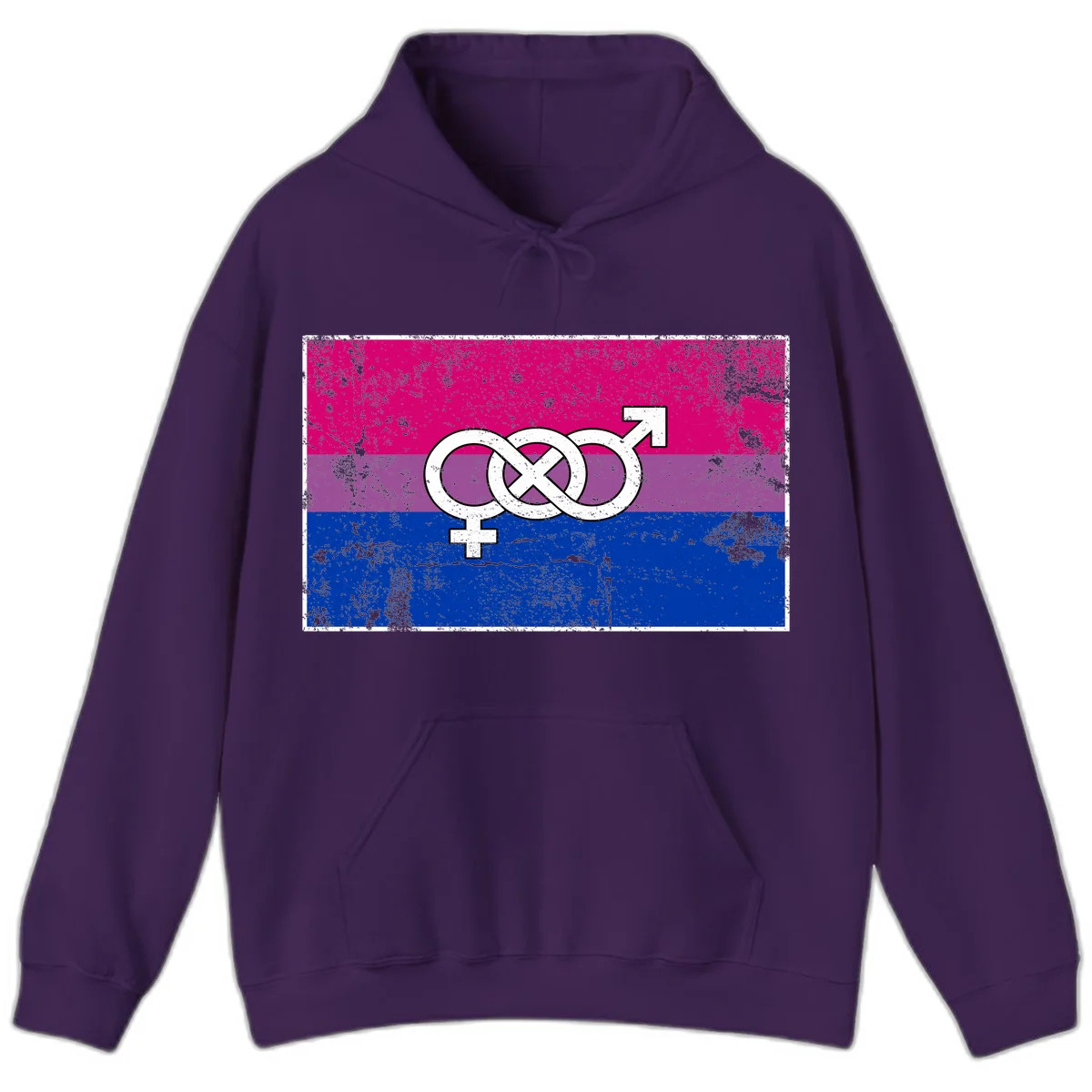 Bisexual infinity pride flag design with magenta, purple, and blue stripes, white infinity symbol, and gender symbols in distressed style in Purple