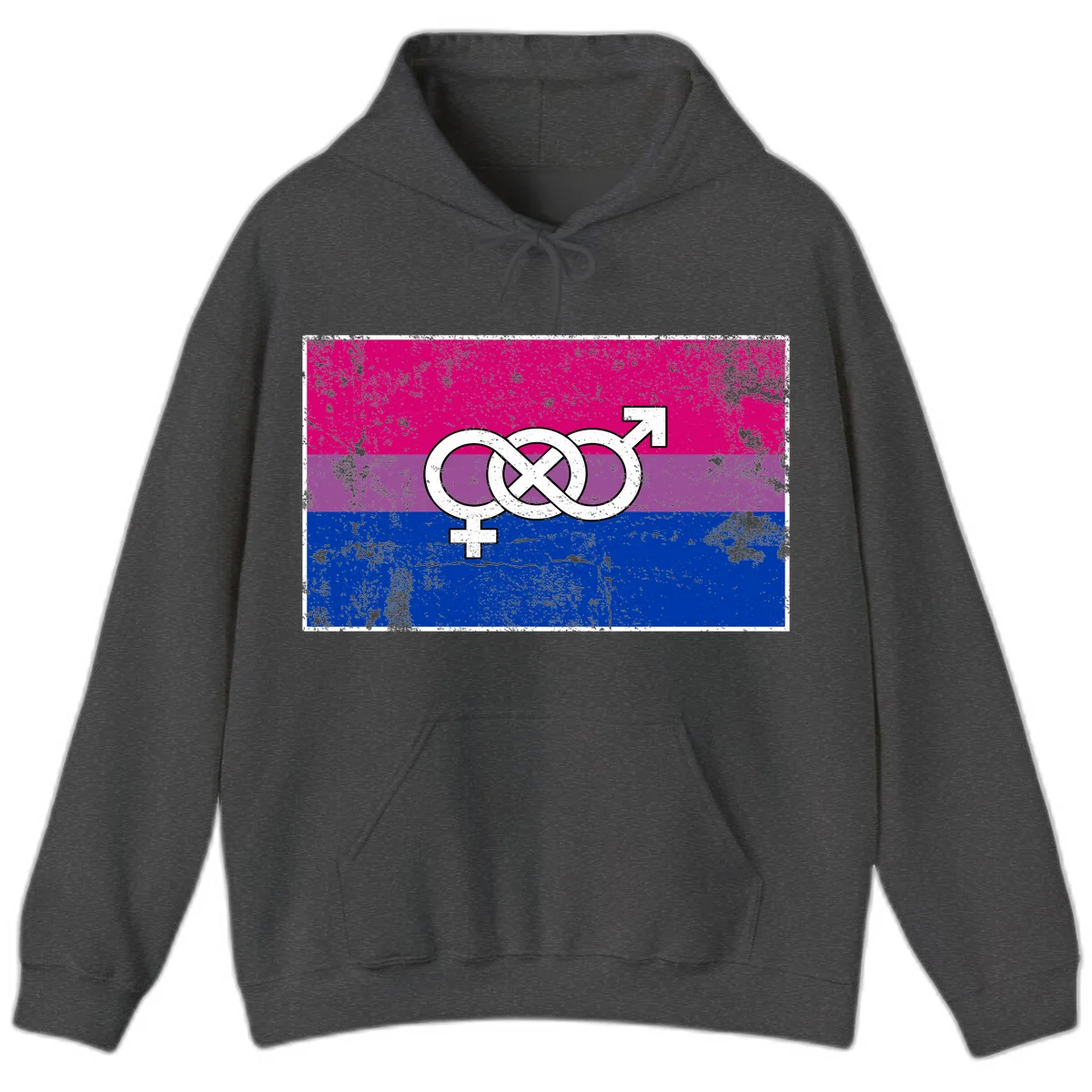 Bisexual infinity pride flag design with magenta, purple, and blue stripes, white infinity symbol, and gender symbols in distressed style in Dark Heather