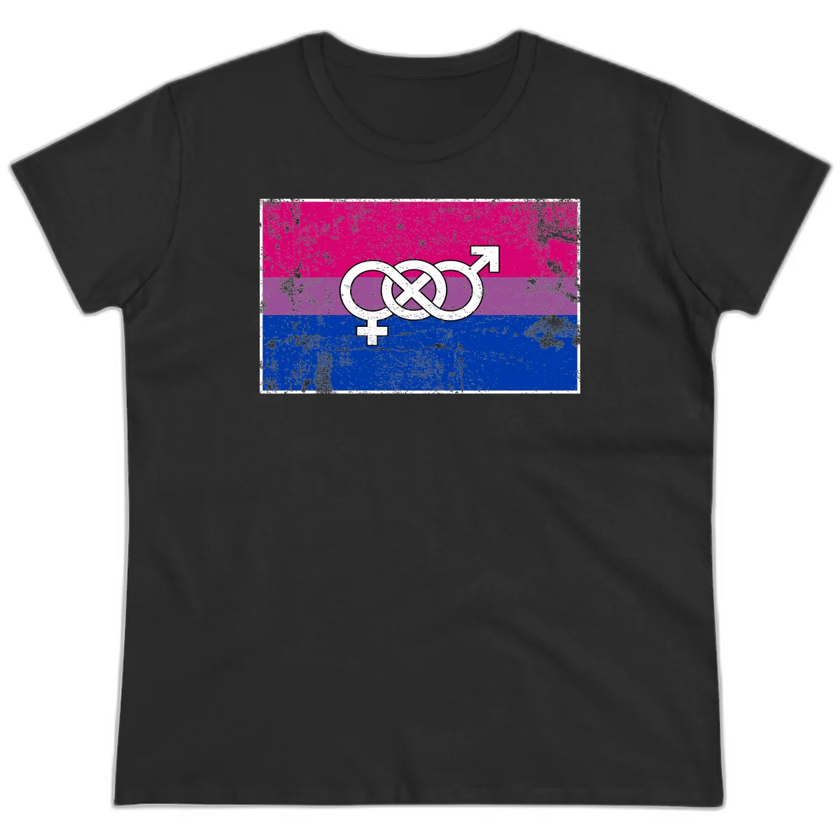Bisexual infinity pride flag design with magenta, purple, and blue stripes, white infinity symbol, and gender symbols in distressed style in Black