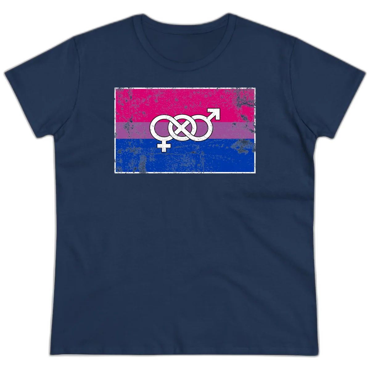 Bisexual infinity pride flag design with magenta, purple, and blue stripes, white infinity symbol, and gender symbols in distressed style in Navy