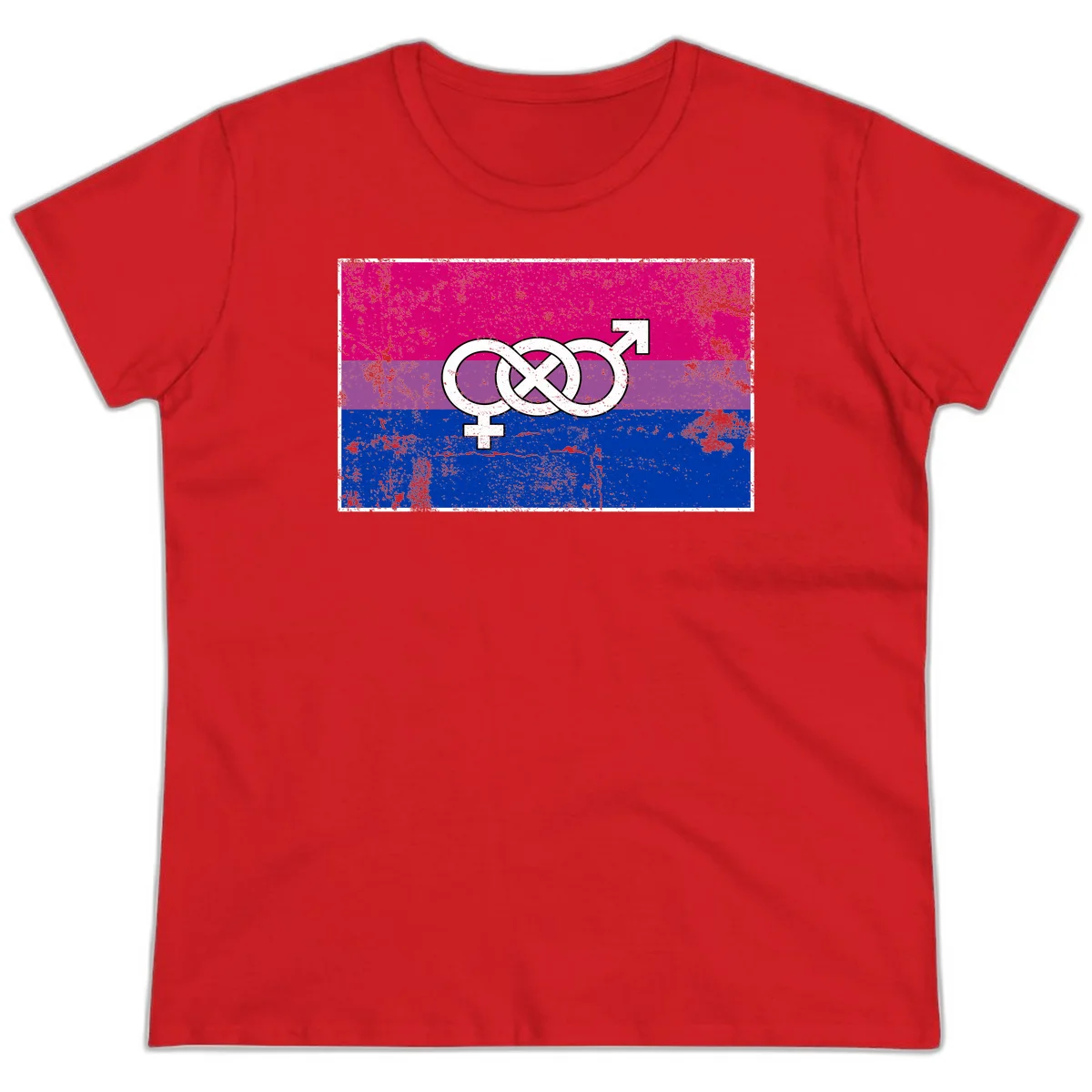 Bisexual infinity pride flag design with magenta, purple, and blue stripes, white infinity symbol, and gender symbols in distressed style in Red