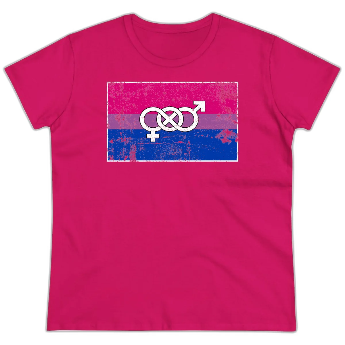 Bisexual infinity pride flag design with magenta, purple, and blue stripes, white infinity symbol, and gender symbols in distressed style in Heliconia