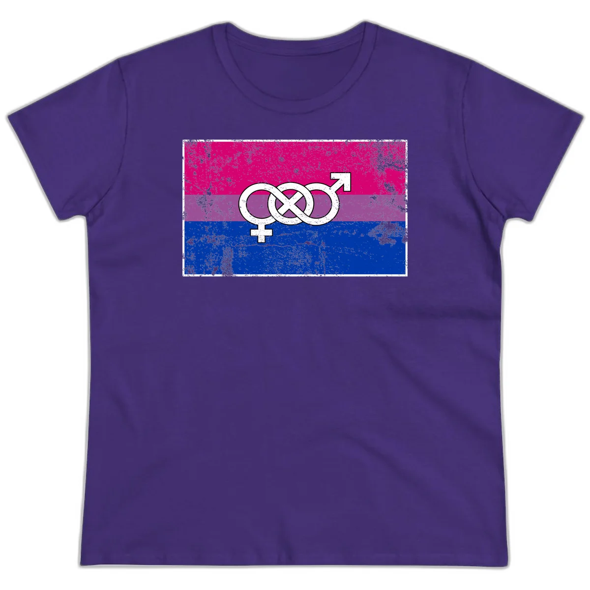 Bisexual infinity pride flag design with magenta, purple, and blue stripes, white infinity symbol, and gender symbols in distressed style in Purple