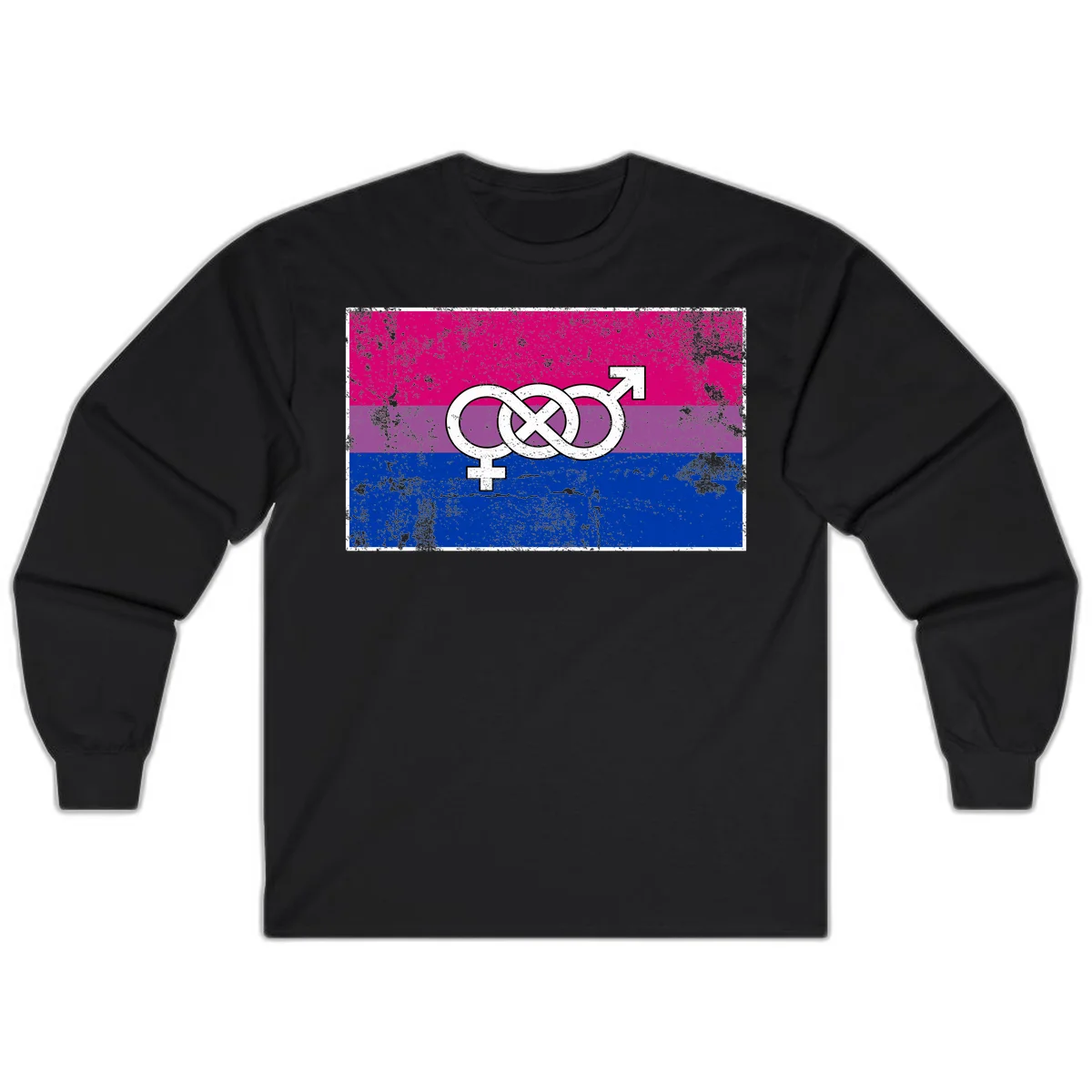 Bisexual infinity pride flag design with magenta, purple, and blue stripes, white infinity symbol, and gender symbols in distressed style in Black