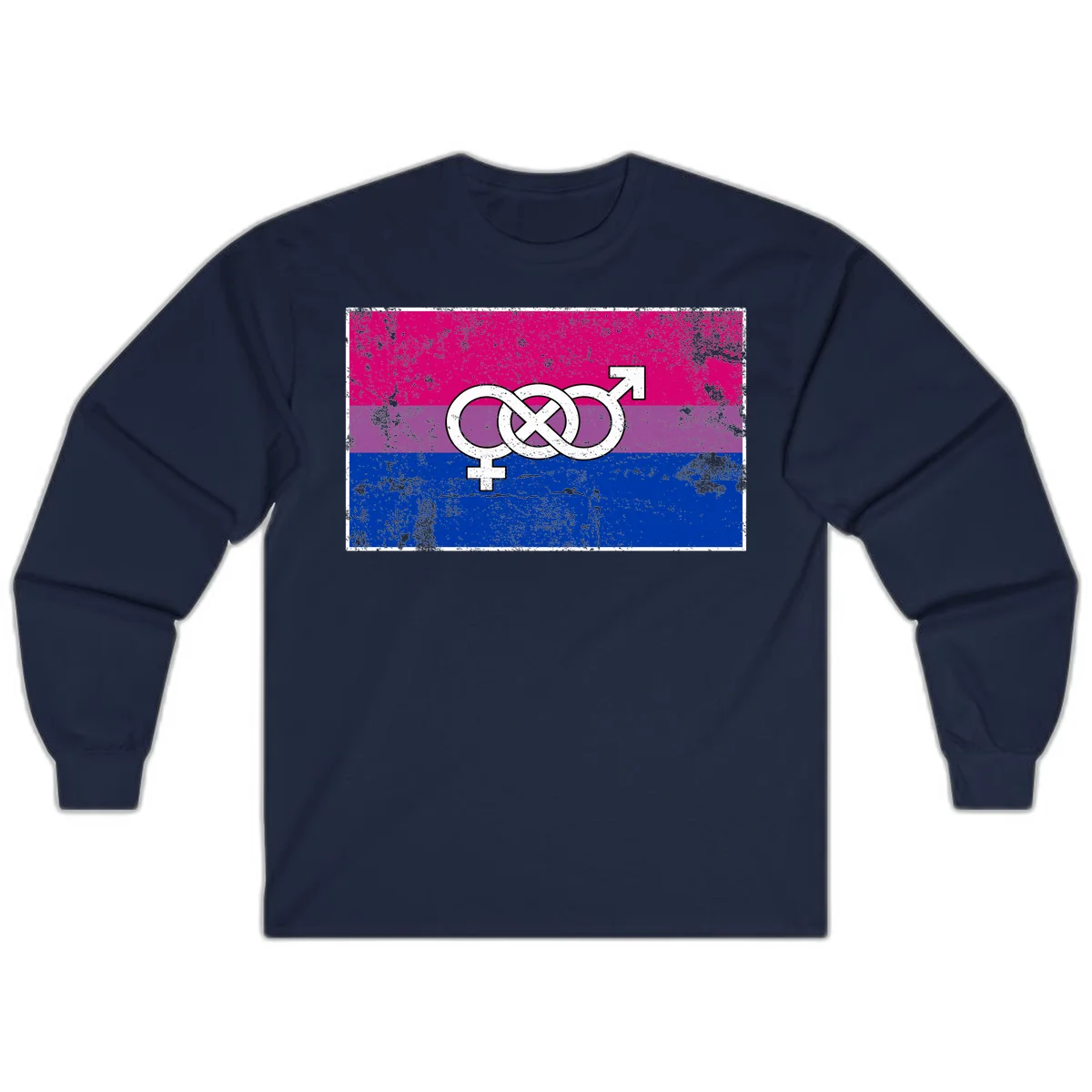 Bisexual infinity pride flag design with magenta, purple, and blue stripes, white infinity symbol, and gender symbols in distressed style in Navy