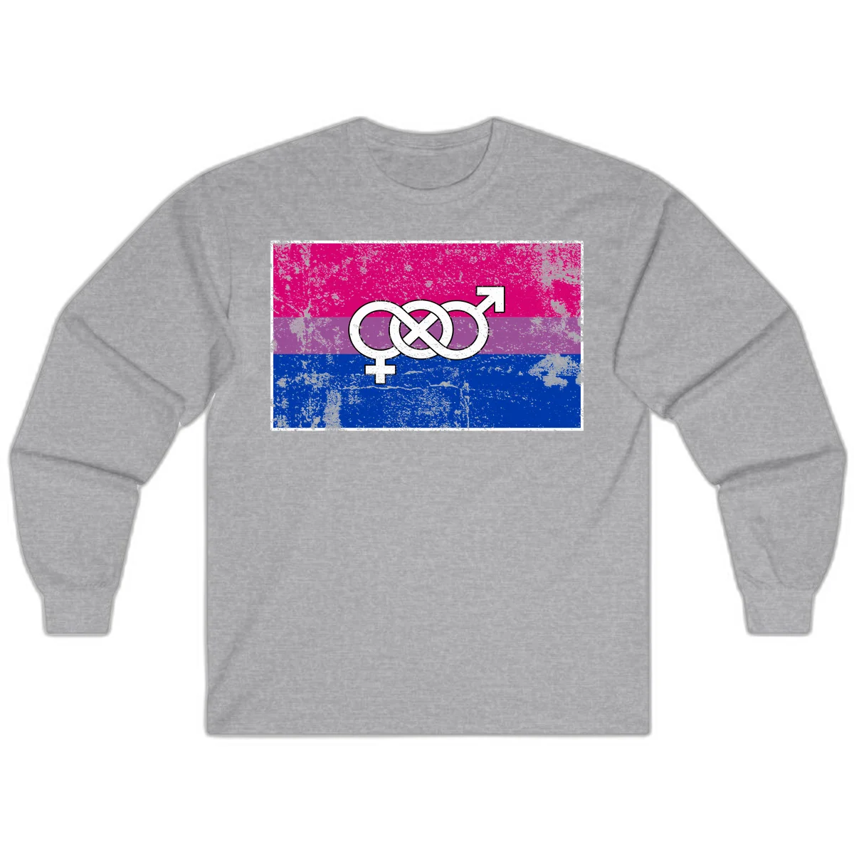 Bisexual infinity pride flag design with magenta, purple, and blue stripes, white infinity symbol, and gender symbols in distressed style in Sport Grey