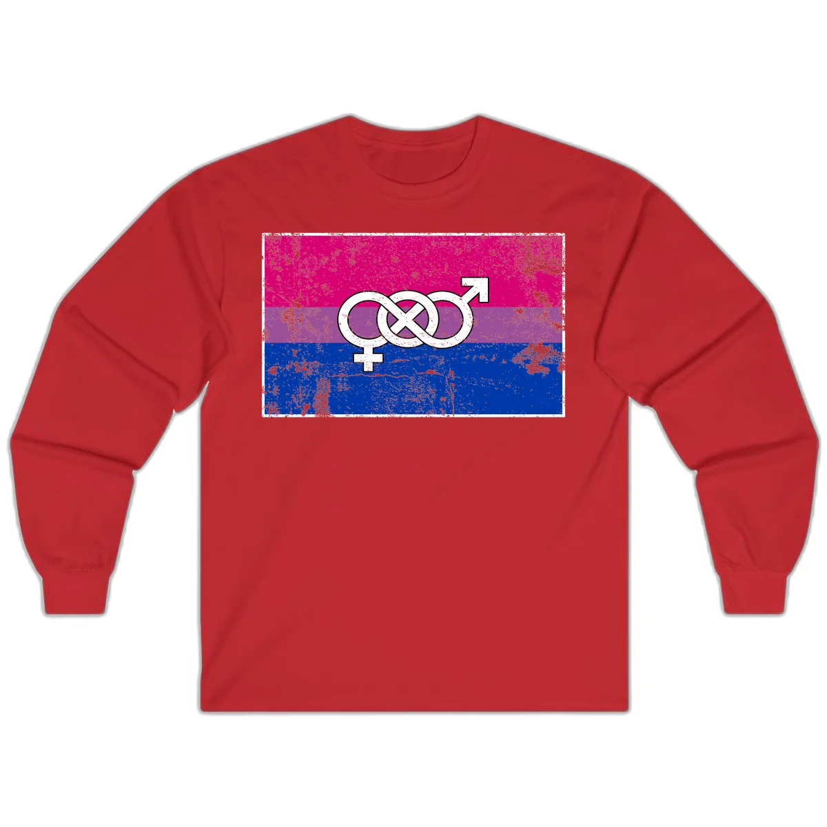 Bisexual infinity pride flag design with magenta, purple, and blue stripes, white infinity symbol, and gender symbols in distressed style in Red