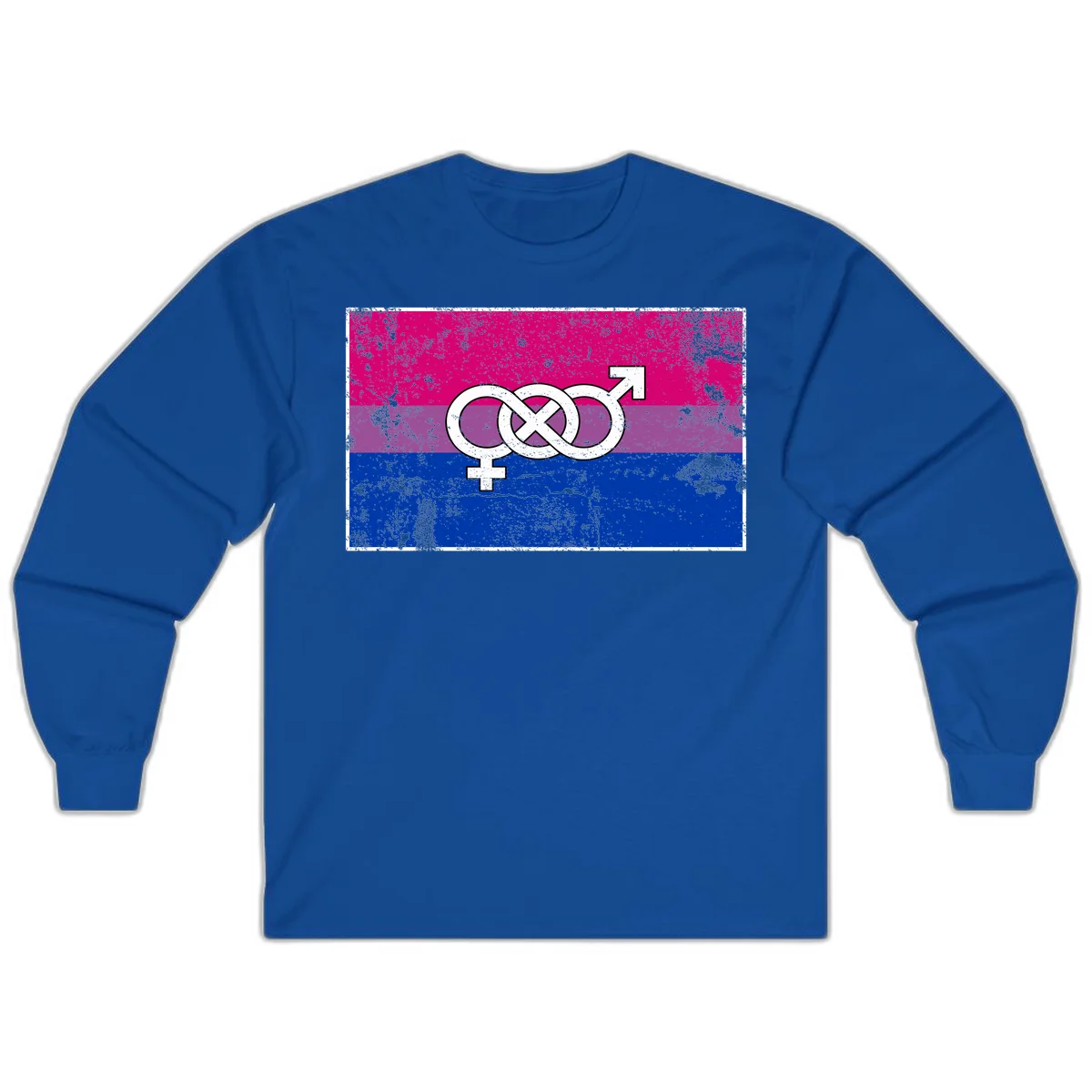Bisexual infinity pride flag design with magenta, purple, and blue stripes, white infinity symbol, and gender symbols in distressed style in Royal