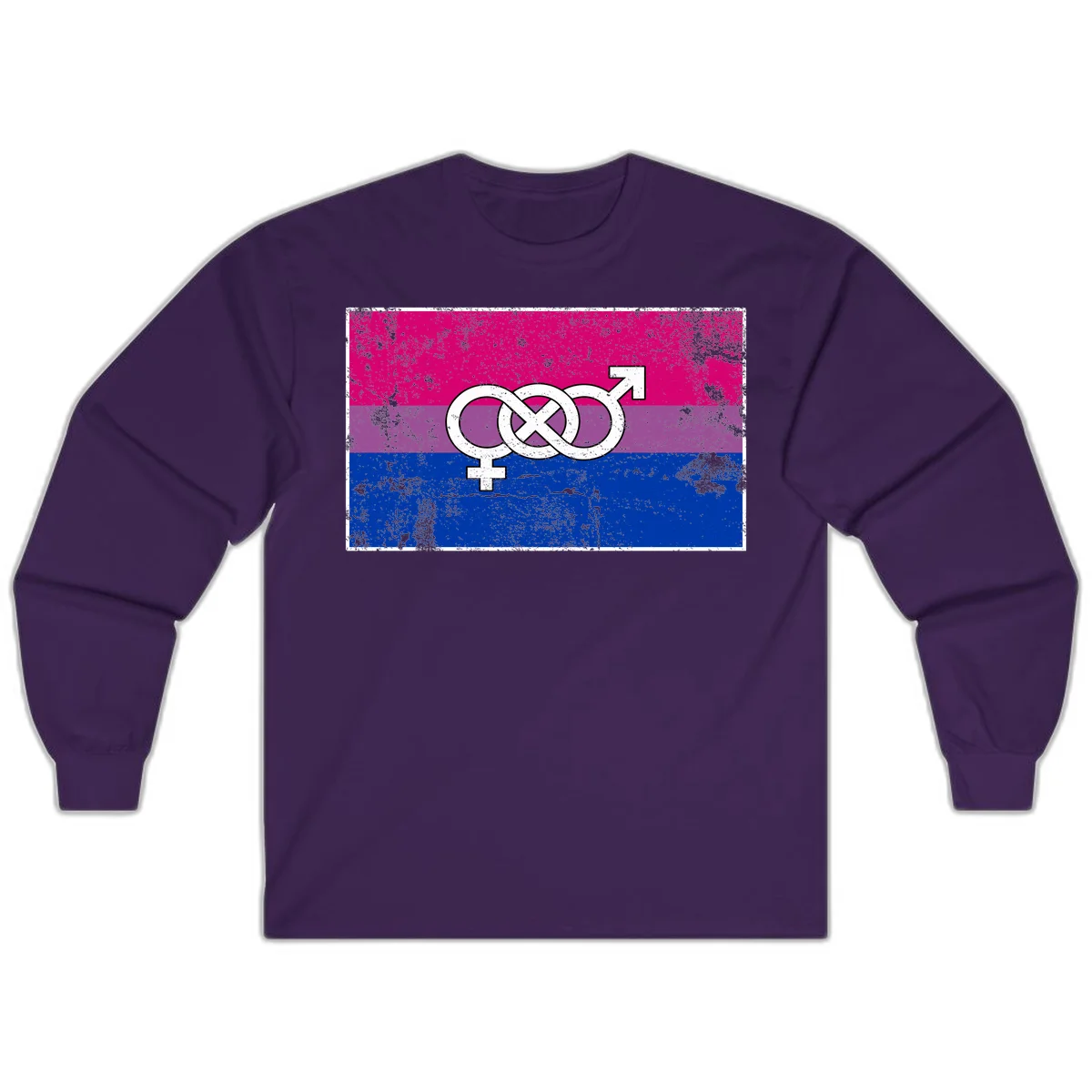 Bisexual infinity pride flag design with magenta, purple, and blue stripes, white infinity symbol, and gender symbols in distressed style in Purple