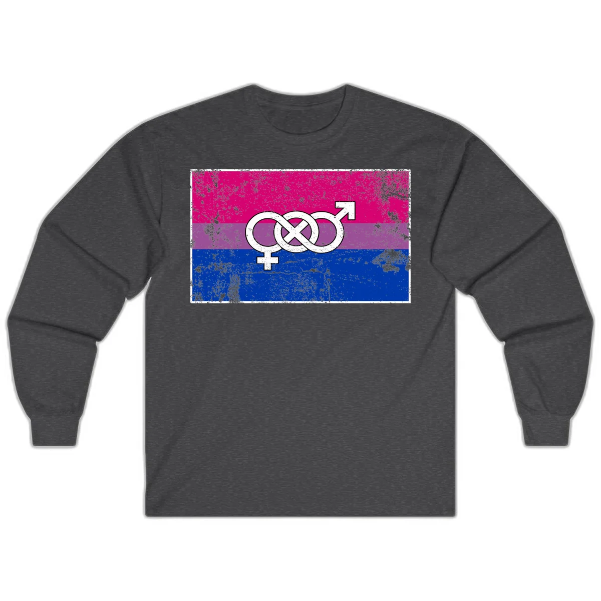 Bisexual infinity pride flag design with magenta, purple, and blue stripes, white infinity symbol, and gender symbols in distressed style in Dark Heather