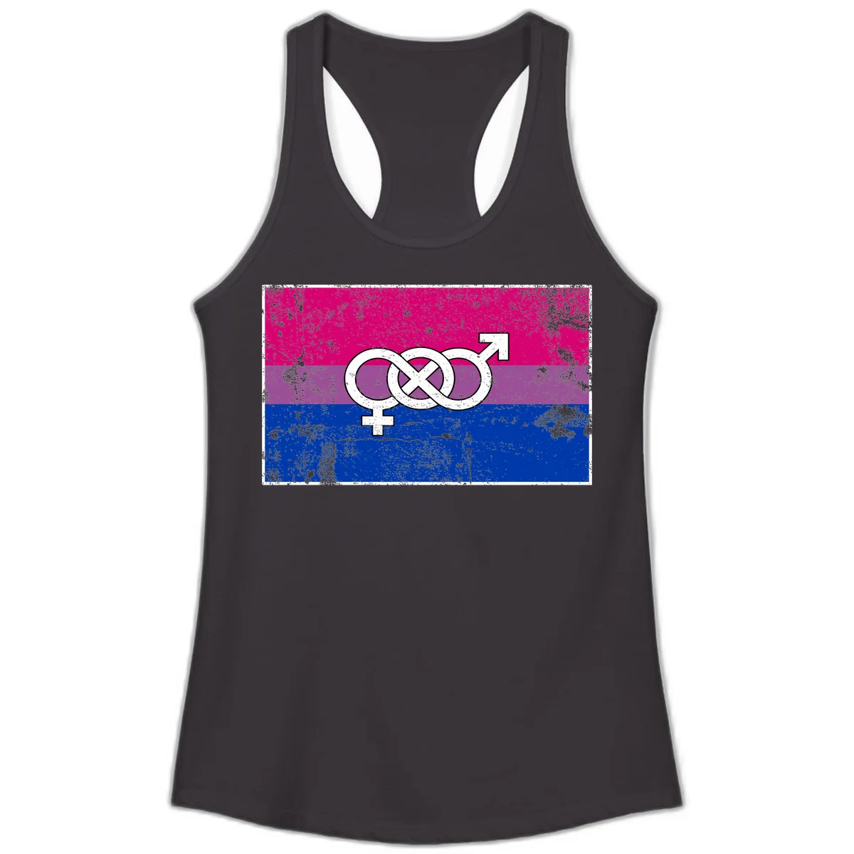 Bisexual infinity pride flag design with magenta, purple, and blue stripes, white infinity symbol, and gender symbols in distressed style in Black