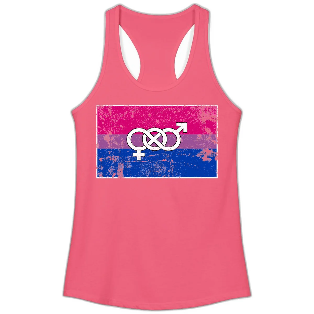 Bisexual infinity pride flag design with magenta, purple, and blue stripes, white infinity symbol, and gender symbols in distressed style in Hot Pink