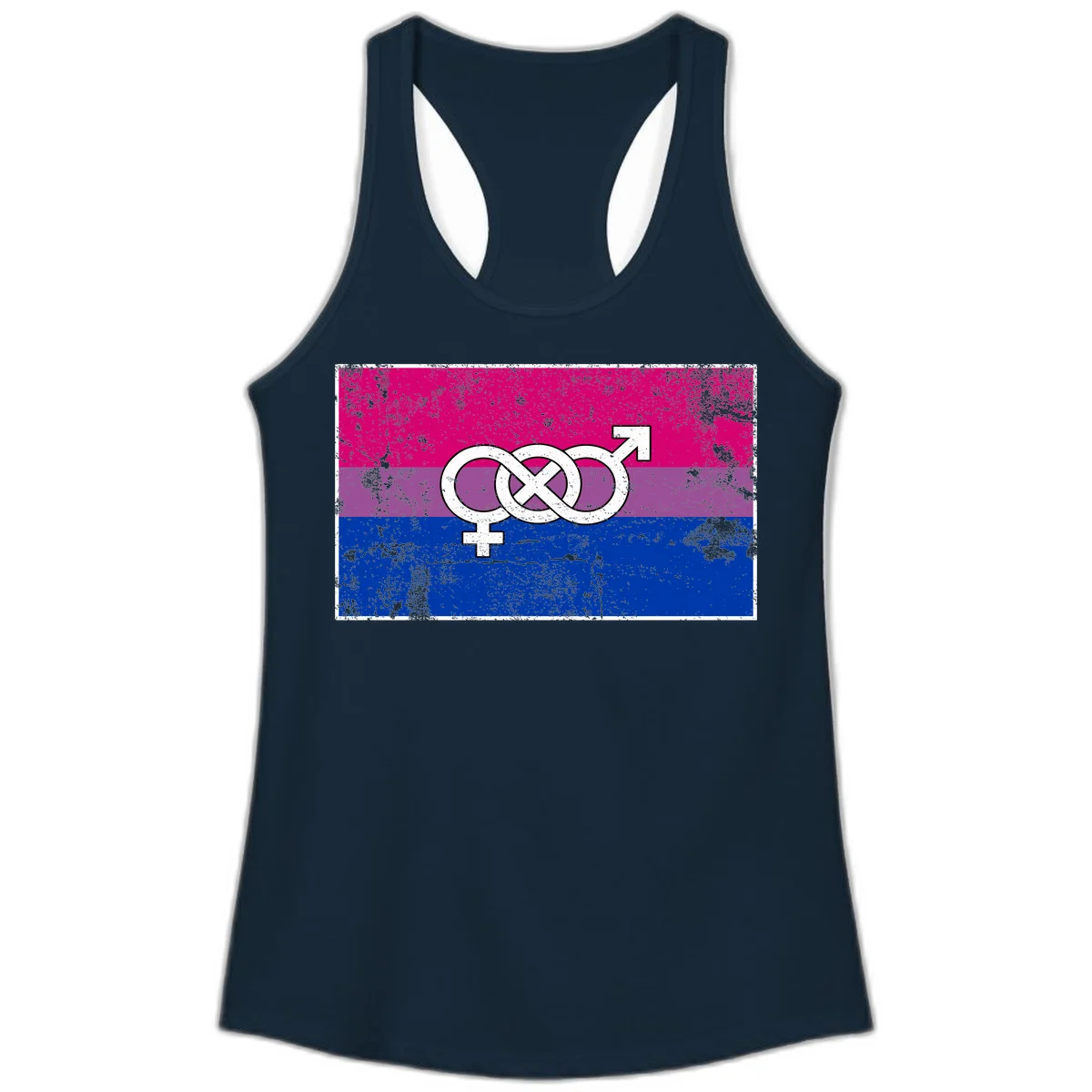 Bisexual infinity pride flag design with magenta, purple, and blue stripes, white infinity symbol, and gender symbols in distressed style in Solid Midnight Navy