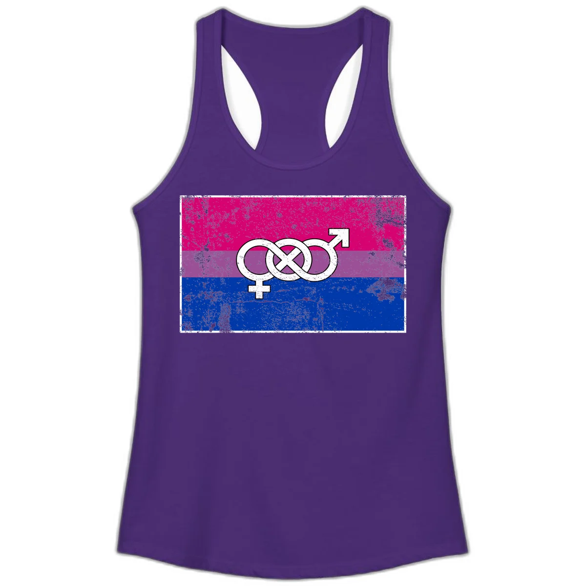 Bisexual infinity pride flag design with magenta, purple, and blue stripes, white infinity symbol, and gender symbols in distressed style in Solid Purple Rush
