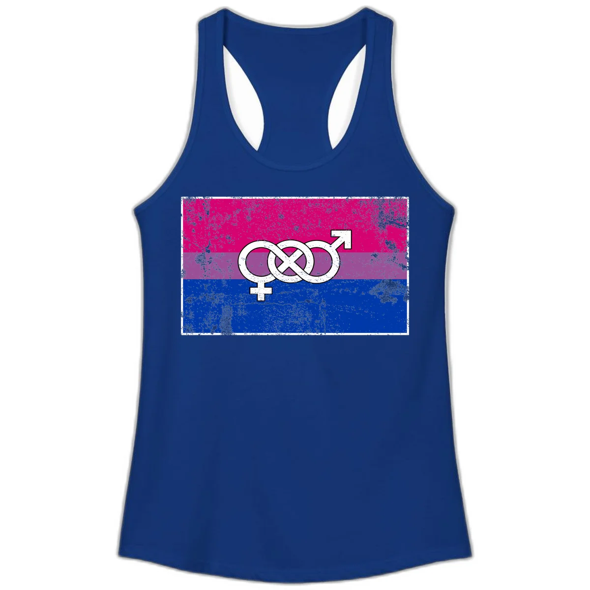 Bisexual infinity pride flag design with magenta, purple, and blue stripes, white infinity symbol, and gender symbols in distressed style in Solid Royal