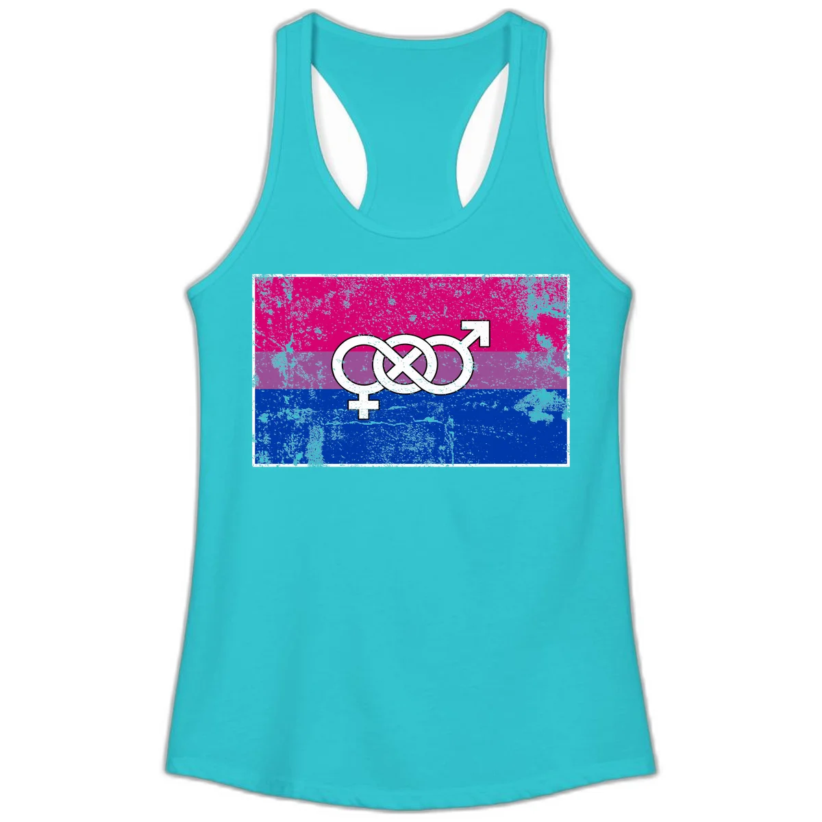 Bisexual infinity pride flag design with magenta, purple, and blue stripes, white infinity symbol, and gender symbols in distressed style in Solid Tahiti Blue