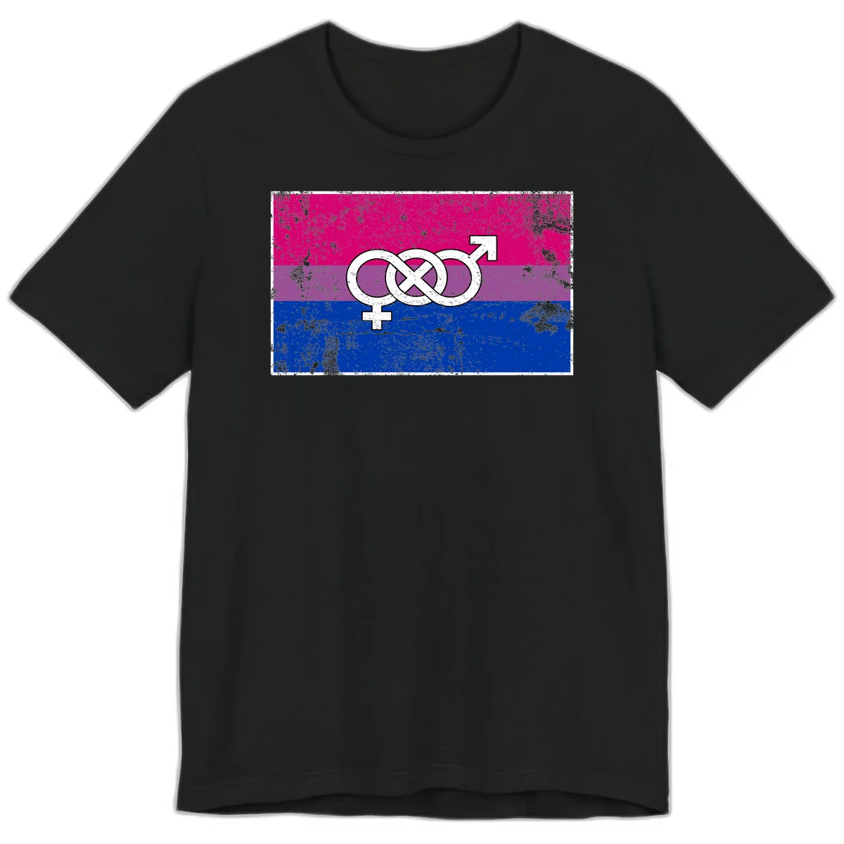Bisexual infinity pride flag design with magenta, purple, and blue stripes, white infinity symbol, and gender symbols in distressed style in Black