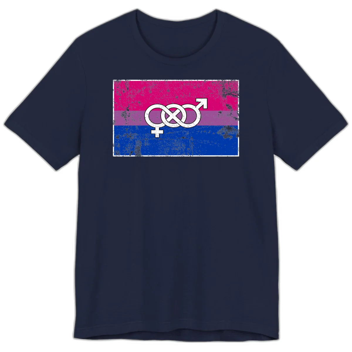 Bisexual infinity pride flag design with magenta, purple, and blue stripes, white infinity symbol, and gender symbols in distressed style in Navy