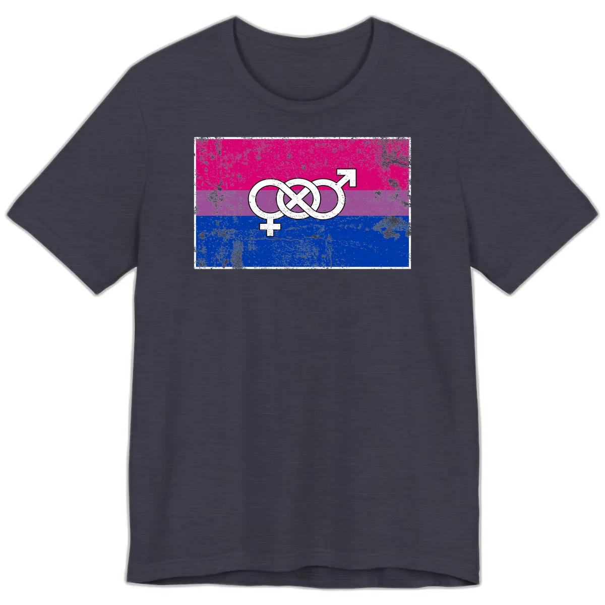 Bisexual infinity pride flag design with magenta, purple, and blue stripes, white infinity symbol, and gender symbols in distressed style in Heather Midnight Navy