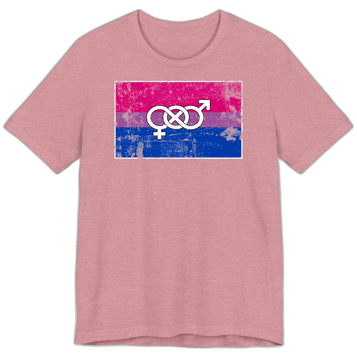 Bisexual infinity pride flag design with magenta, purple, and blue stripes, white infinity symbol, and gender symbols in distressed style in Heather Orchid