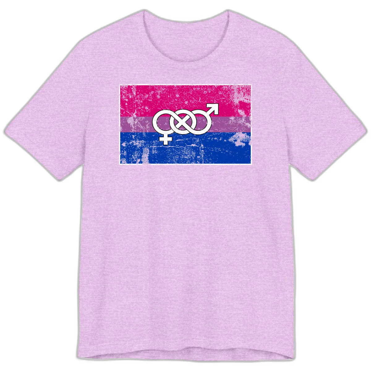Bisexual infinity pride flag design with magenta, purple, and blue stripes, white infinity symbol, and gender symbols in distressed style in Heather Prism Lilac