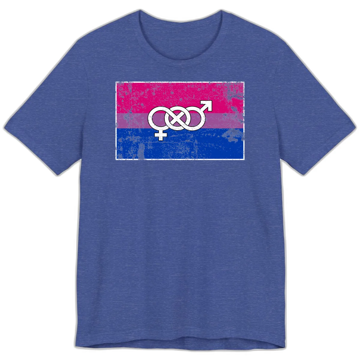 Bisexual infinity pride flag design with magenta, purple, and blue stripes, white infinity symbol, and gender symbols in distressed style in Heather True Royal