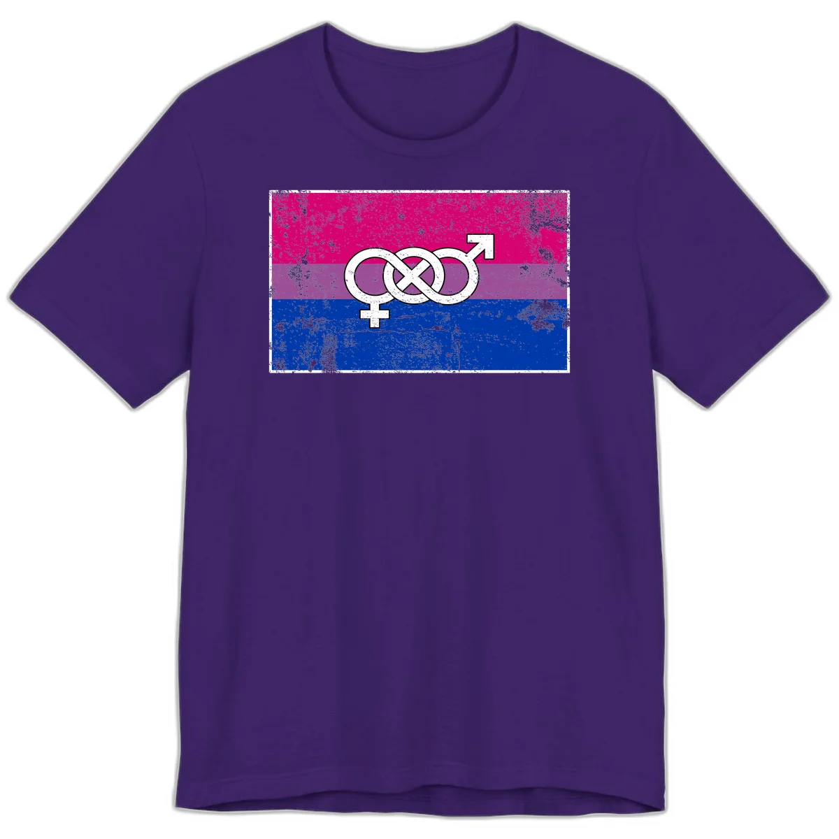 Bisexual infinity pride flag design with magenta, purple, and blue stripes, white infinity symbol, and gender symbols in distressed style in Team Purple