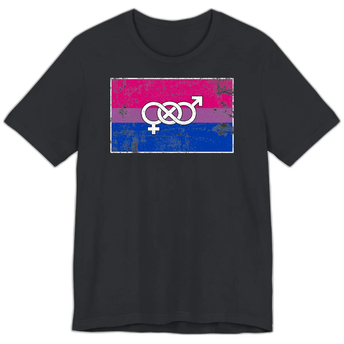 Bisexual infinity pride flag design with magenta, purple, and blue stripes, white infinity symbol, and gender symbols in distressed style in Vintage Black