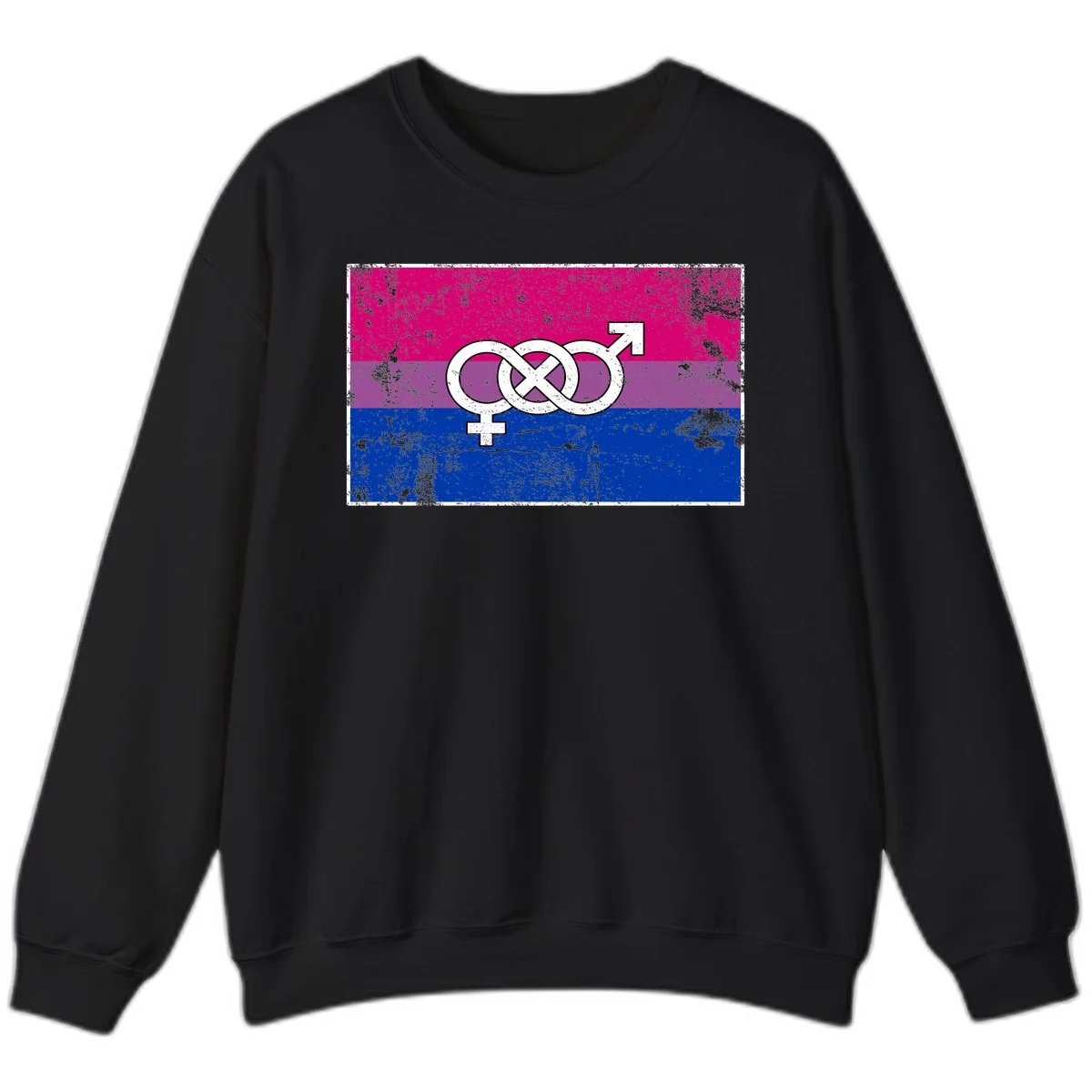 Bisexual infinity pride flag design with magenta, purple, and blue stripes, white infinity symbol, and gender symbols in distressed style in Black