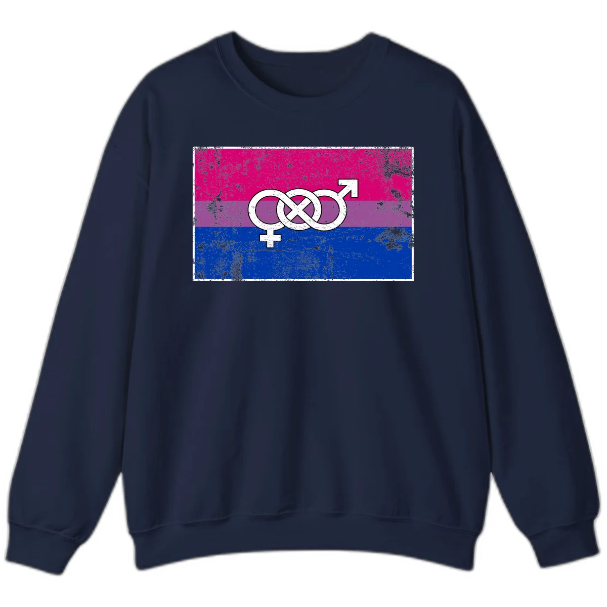 Bisexual infinity pride flag design with magenta, purple, and blue stripes, white infinity symbol, and gender symbols in distressed style in Navy