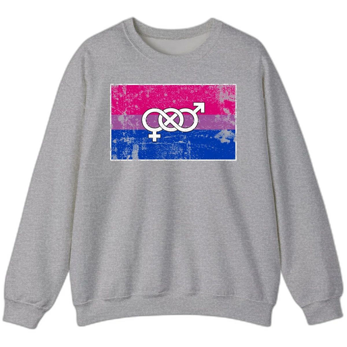 Bisexual infinity pride flag design with magenta, purple, and blue stripes, white infinity symbol, and gender symbols in distressed style in Sport Grey