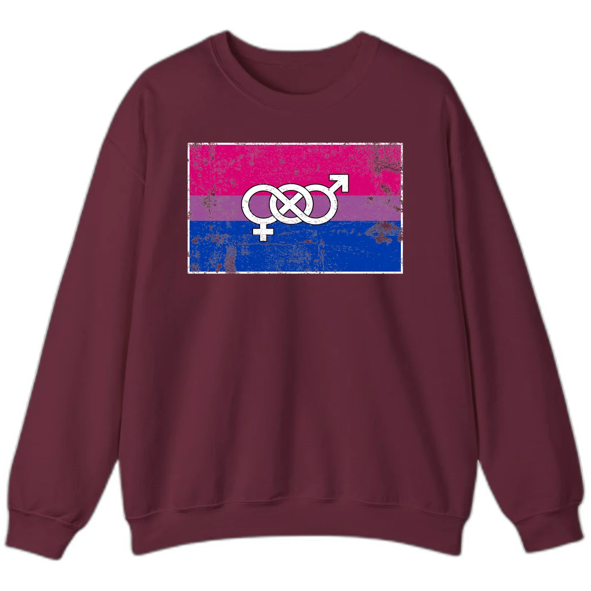 Bisexual infinity pride flag design with magenta, purple, and blue stripes, white infinity symbol, and gender symbols in distressed style in Maroon